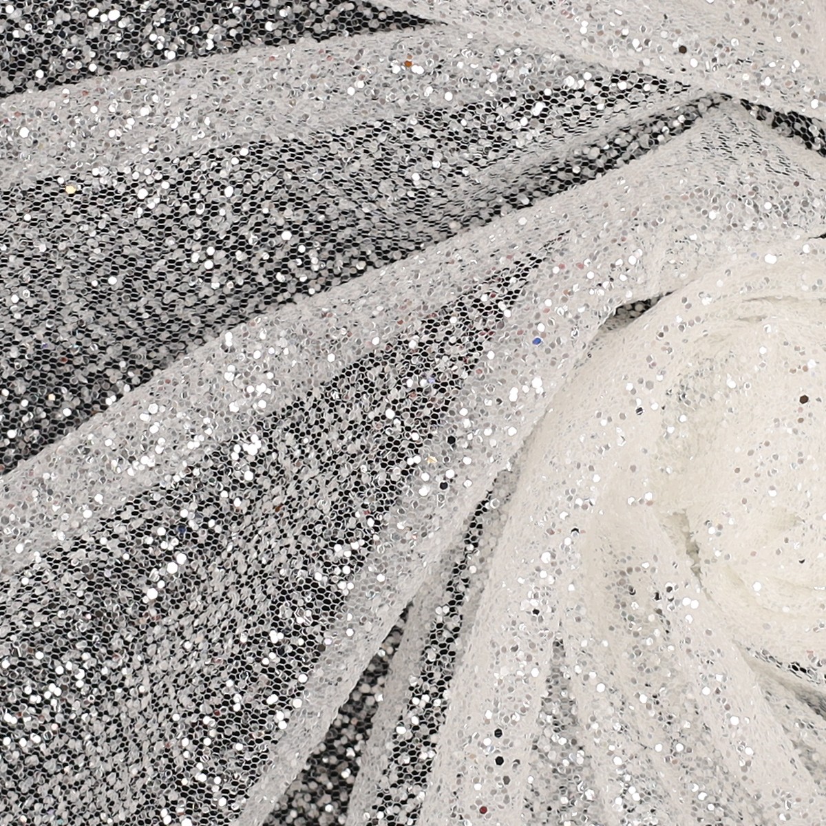 tessuto tulle seta cristal bianco glitter argento