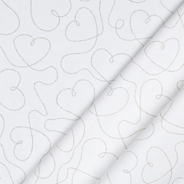 Tessuto Piquet di Cotone Stampato - Cuori Uniti Glitter Argento Fondo Bianco