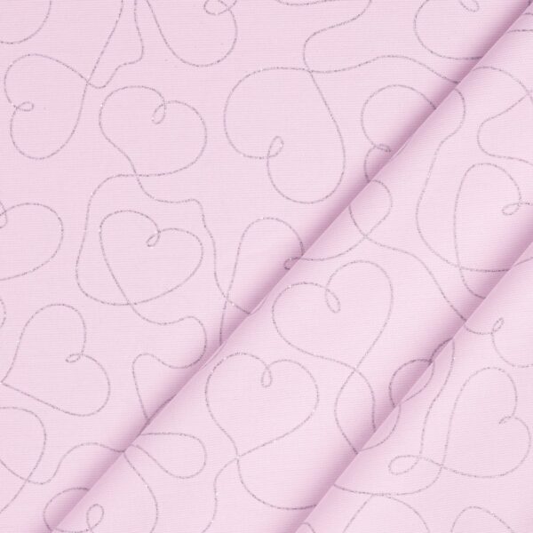Tessuto Piquet di Cotone Stampato - Cuori Uniti Glitter Argento Fondo Rosa