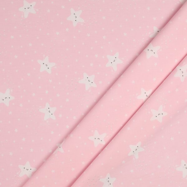 Tessuto Piquet di Cotone Stampato - Stella Sorridente Glitter Rosa - Mezzo Metro