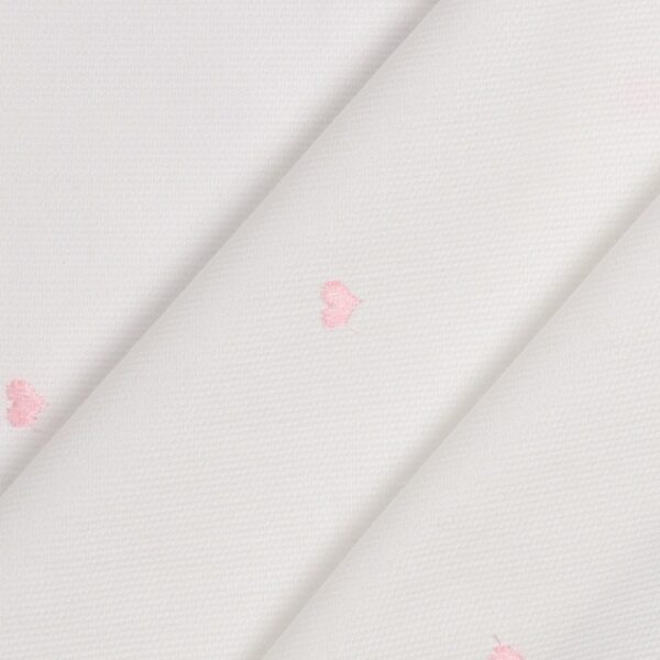 Tessuto Piquet di Cotone Ricamato - Cuore Rosa Fondo Bianco
