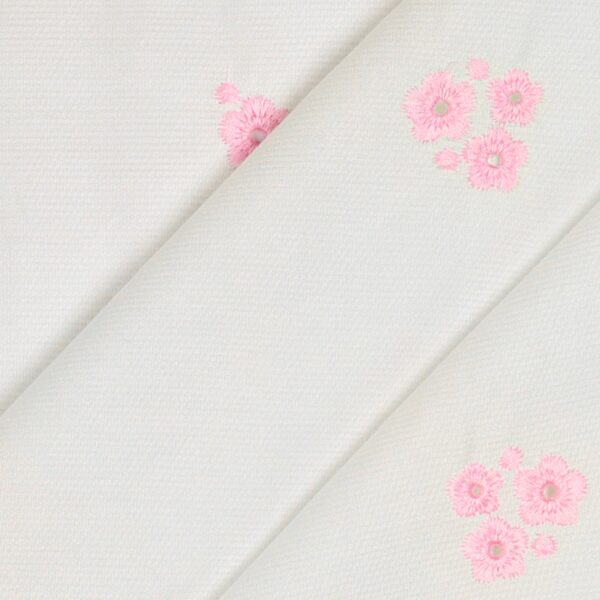 Tessuto Piquet di Cotone Ricamato - Fiore Rosa Baby Fondo Bianco