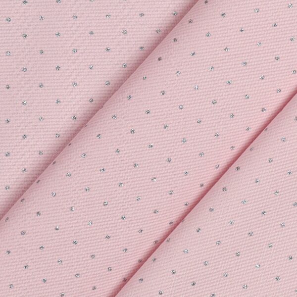 Tessuto Piquet Millerighe Pois Glitter Argento - Rosa Baby