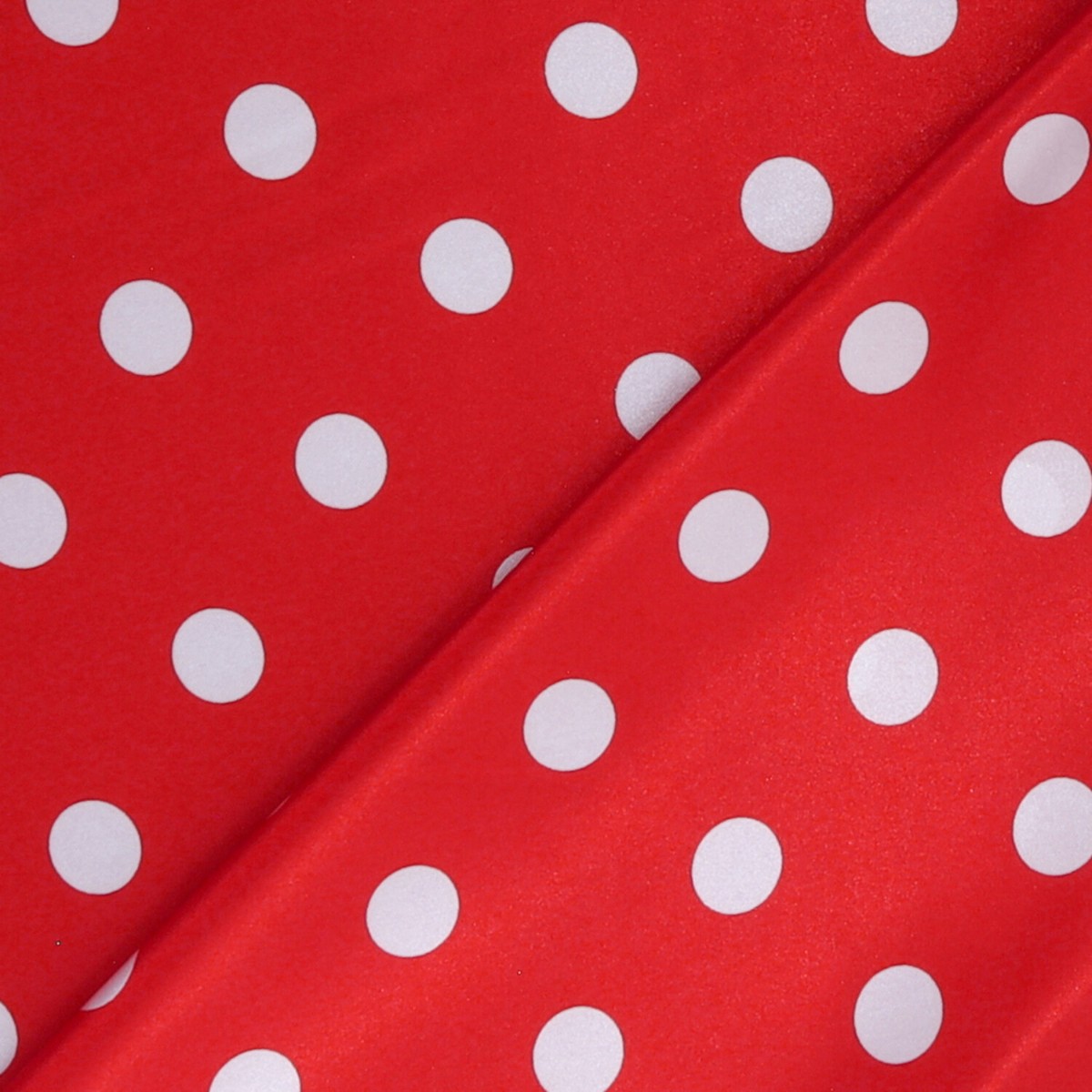 Tessuto Raso Stampato Fantasia - Pois Grande Bianco fondo Rosso