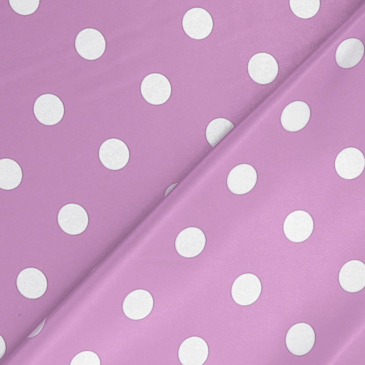 Tessuto Raso Stampato Fantasia - Pois Grande Bianco fondo Lilla