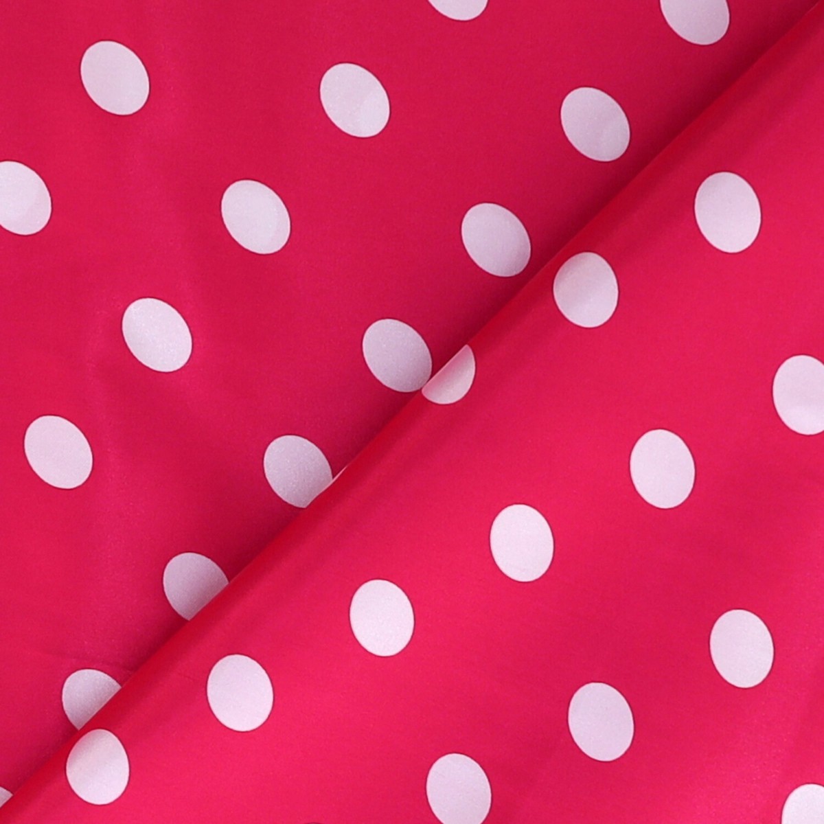 Tessuto Raso Stampato Fantasia - Pois Grande Bianco fondo Fucsia