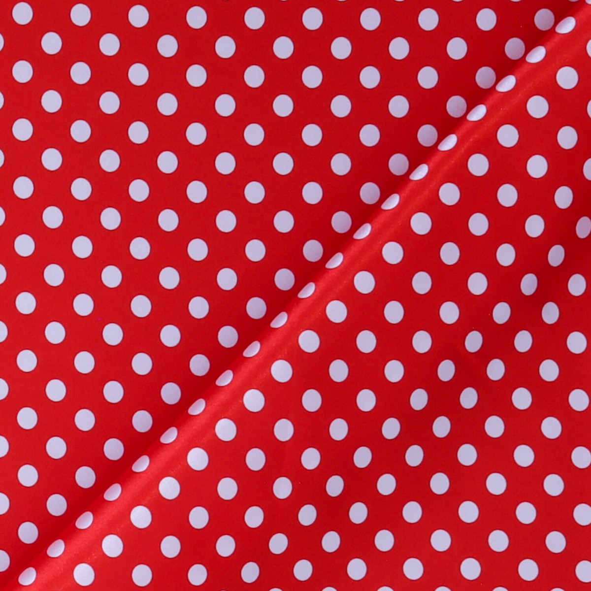 Tessuto Raso Stampato Fantasia - Pois Piccolo Bianco fondo Rosso