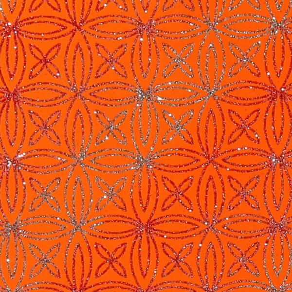 Lycra Fantasia Quadrifoglio Multi Glitter - al Metro - Arancio Fluo - Glitter Argento / Rosso