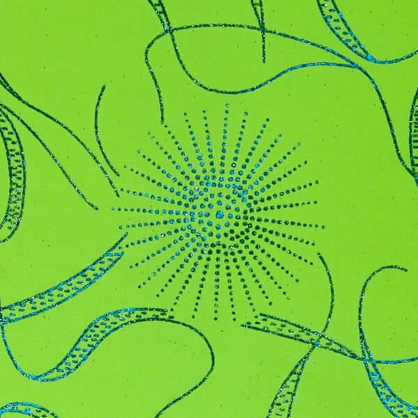 Lycra Fantasia Soledad Glitter Bicolore - Argento / Azzurro - Fondo Verde Fluo