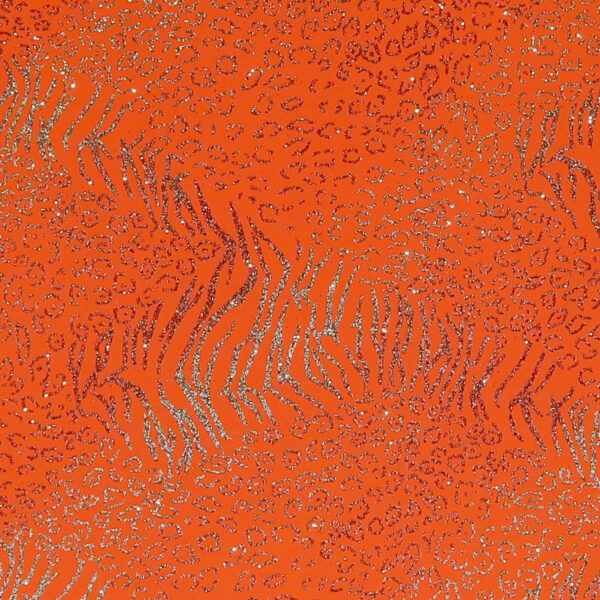 Lycra Fantasia Animalier Multi Glitter- al Metro - Arancio Fluo Glitter Argento / Arancio