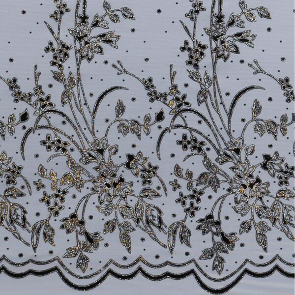 Tulle Elastico Fantasia Fiore Doppia Balza - al Metro - Bianco Glitter Oro