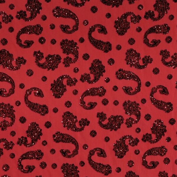 Tulle Elastico Fantasia Cashmere Floccato Glitter - Disegno 3 - al Metro - Rosso Glitter Rosso