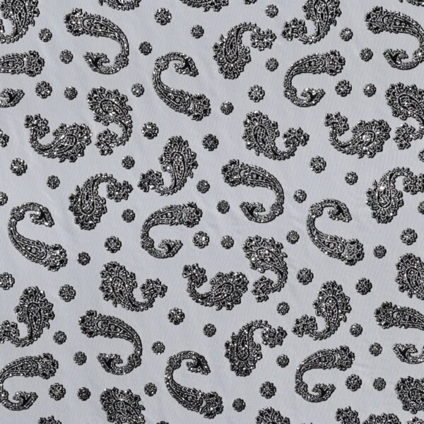 Tulle Elastico Fantasia Cashmere Floccato Glitter - Disegno 3 - al Metro - Bianco Glitter Argento