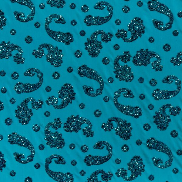 Tulle Elastico Fantasia Cashmere Floccato Glitter - Disegno 3 - al Metro - Turchese Glitter Turchese