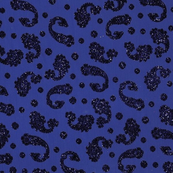Tulle Elastico Fantasia Cashmere Floccato Glitter - Disegno 3 - al Metro - Blu Cina Glitter Blu