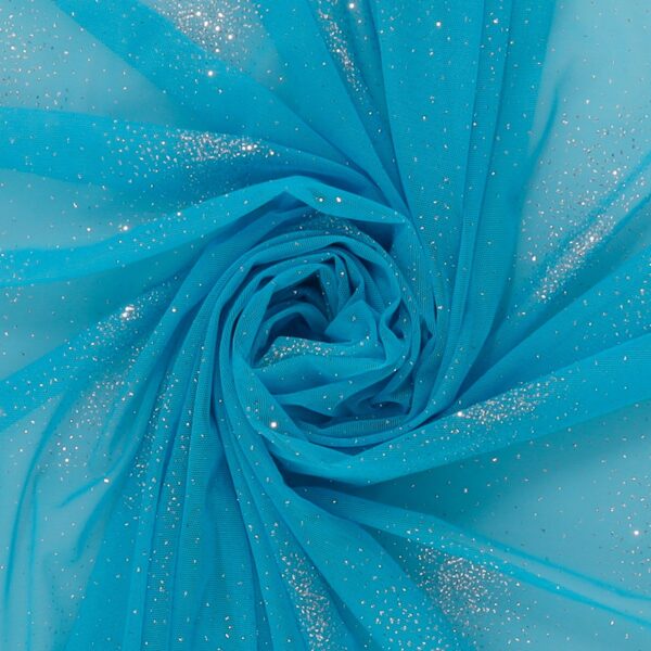Tessuto Mesh (Tulle) Monoelastico Esplosione Glitter - al Metro - Turchese Glitter Argento