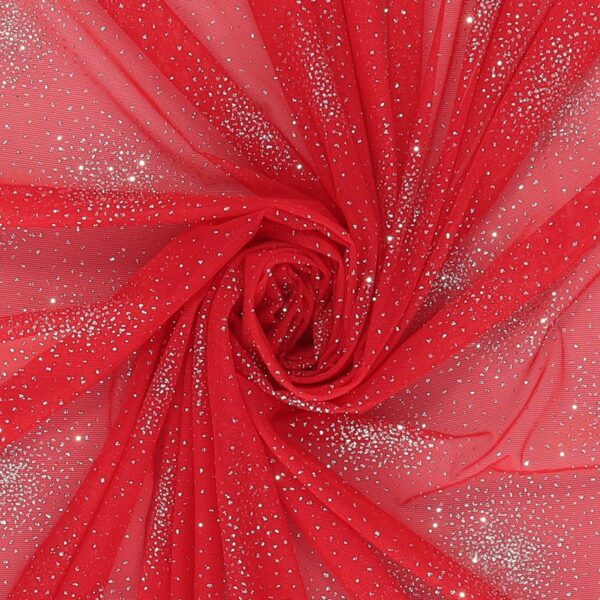 Tessuto Mesh (Tulle) Monoelastico Esplosione Glitter - al Metro - Rosso Glitter Argento