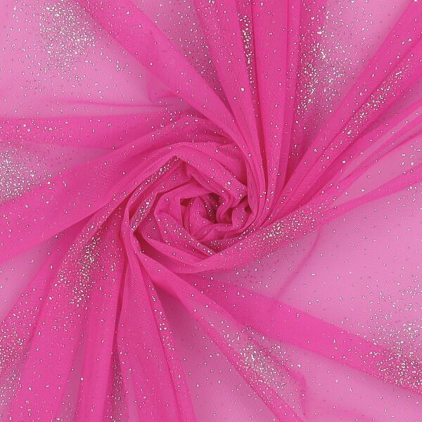 Tessuto Mesh (Tulle) Monoelastico Esplosione Glitter - al Metro - Fucsia Fluo Glitter Argento