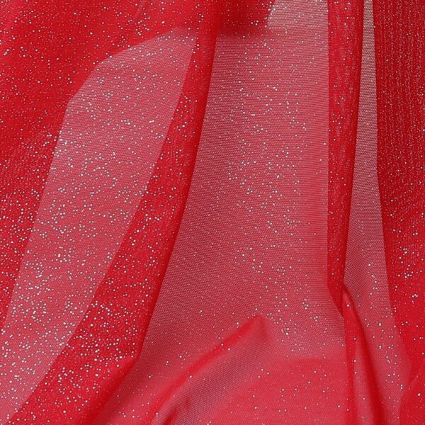 Tessuto Mesh (Tulle) Monoelastico Glitter Polvere di Stelle - al Metro - Rosso Glitter Argento