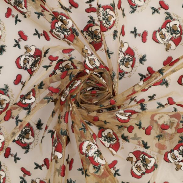 Organza Fantasia Natale - al Metro - Babbo Natale - Fondo Oro Glitterato