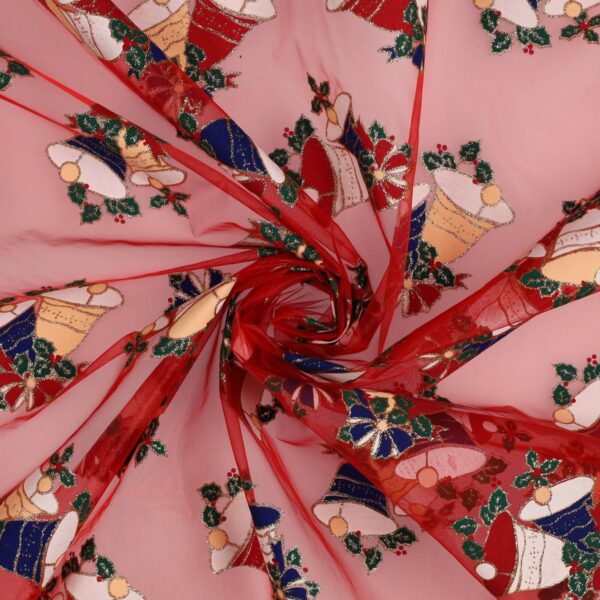 Organza Fantasia Natale - al Metro - Campane - Fondo Rosso - Contorno Glitter Oro
