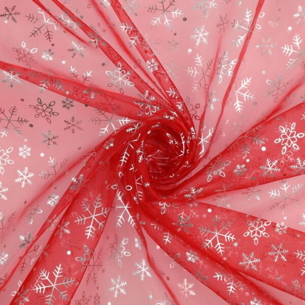 Organza Fantasia Natale - al Metro - Fiocchi di Neve - Fondo Rosso - Placcato Argento