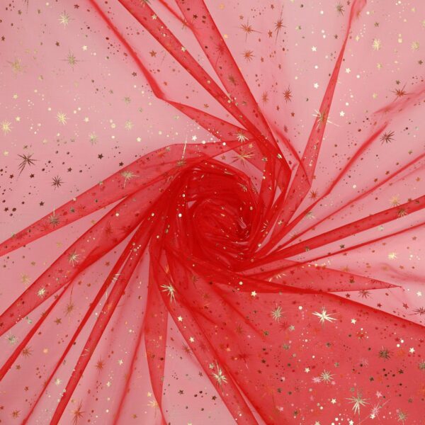 Organza Fantasia Natale - al Metro - Stella Polare - Fondo Rosso - Doppia Faccia - Placcato Oro & Argento