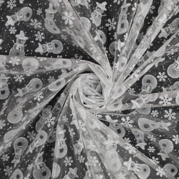 Organza Fantasia Natale - al Metro - Pupazzo di Neve - Fondo Bianco - Glitter Argento