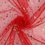 Organza Fantasia Natale - al Metro - Stelle Aperte - Fondo Rosso - Doppia Faccia - Placcato Oro & Argento