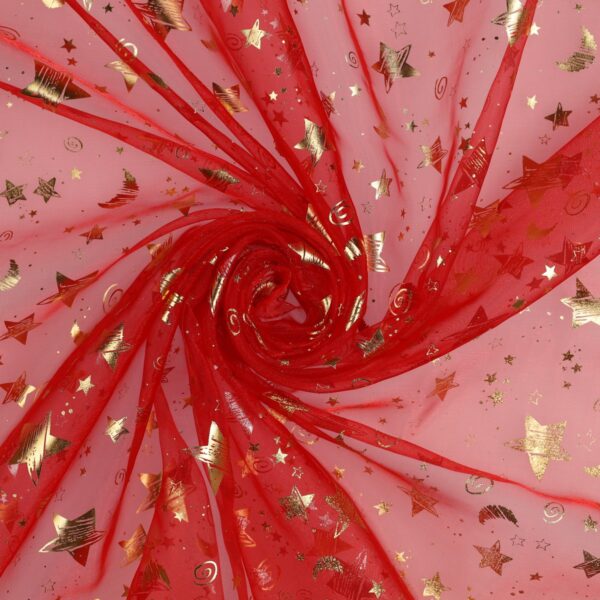 Organza Fantasia Natale - al Metro - Stelle Cartoon - Fondo Rosso - Doppia Faccia - Placcato Oro & Argento