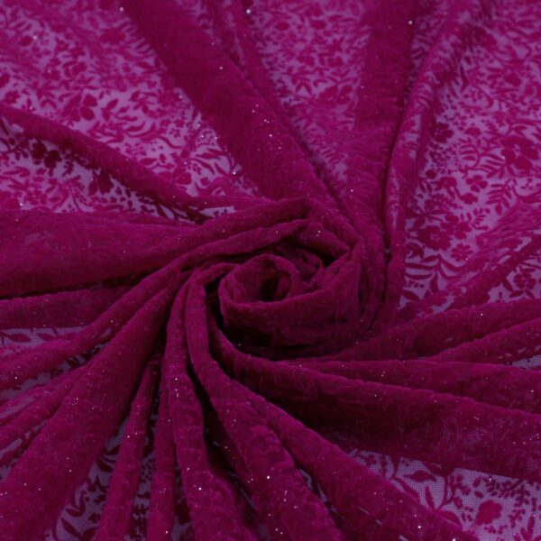 Tessuto Mesh (Tulle) Bielastico Floccato Glitter Argento "Fiorellino" - al Metro - Colore Prugna