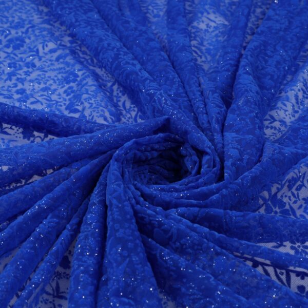 Tessuto Mesh (Tulle) Bielastico Floccato Glitter Argento "Fiorellino" - al Metro - Colore Blu Royal