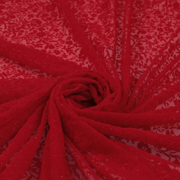 Tessuto Mesh (Tulle) Bielastico Floccato Glitter Argento "Fiorellino" - al Metro - Colore Rosso