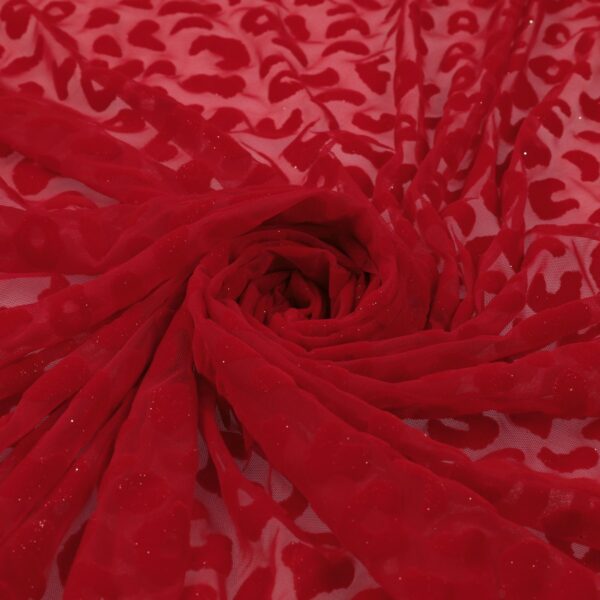 Tessuto Mesh (Tulle) Bielastico Floccato Glitter Argento "Maculato" - al Metro - Colore Rosso