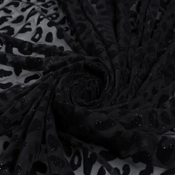 Tessuto Mesh (Tulle) Bielastico Floccato Glitter Argento "Maculato" - al Metro - Colore Nero