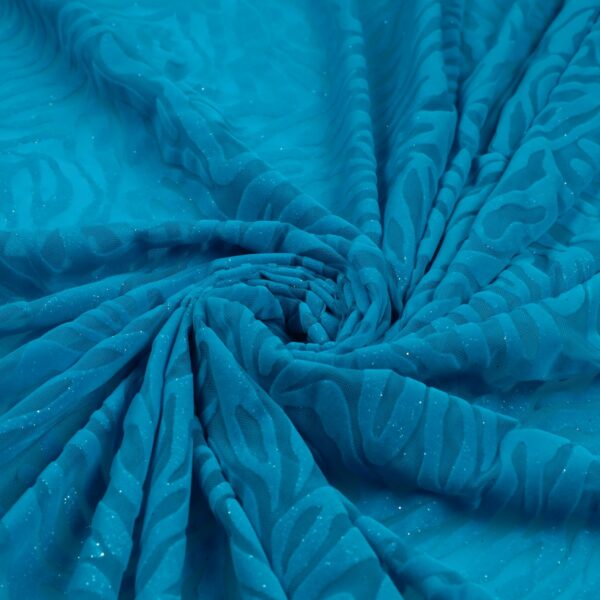 Tessuto Mesh (Tulle) Bielastico Floccato Glitter Argento "Zebrato" - al Metro - Colore Turchese