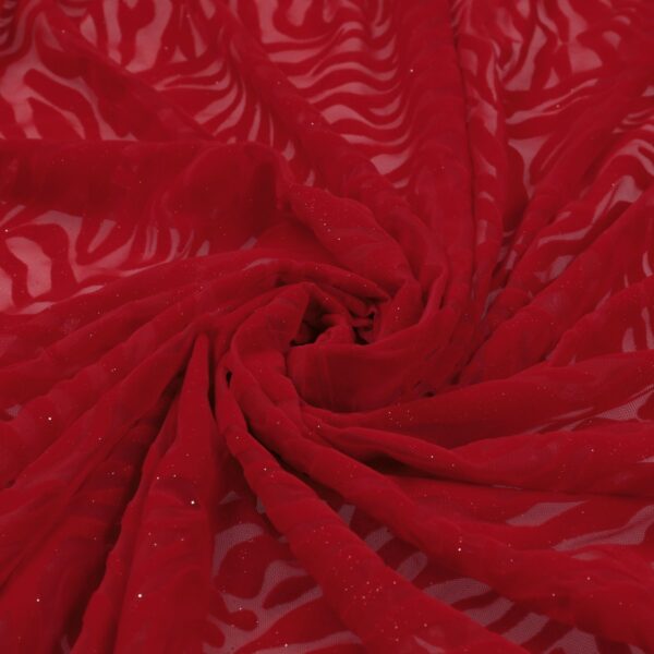 Tessuto Mesh (Tulle) Bielastico Floccato Glitter Argento "Zebrato" - al Metro - Colore Rosso