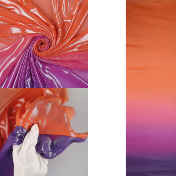 Chiffon Degrade Brinato Effetto Acqua - al Metro - Sfumatura Viola / Arancio