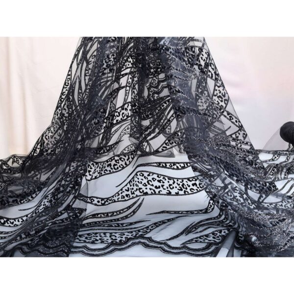 Tulle Floccato Glitter Disegno A - al Metro - Nero Floccato Nero Glitter Nero