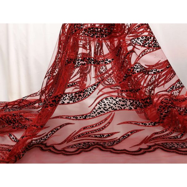Tulle Floccato Glitter Disegno A - al Metro - Rosso Floccato Nero Glitter Rosso