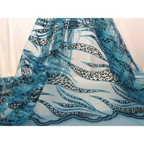 Tulle Floccato Glitter Disegno A - al Metro - Turchese Floccato Nero Glitter Turchese