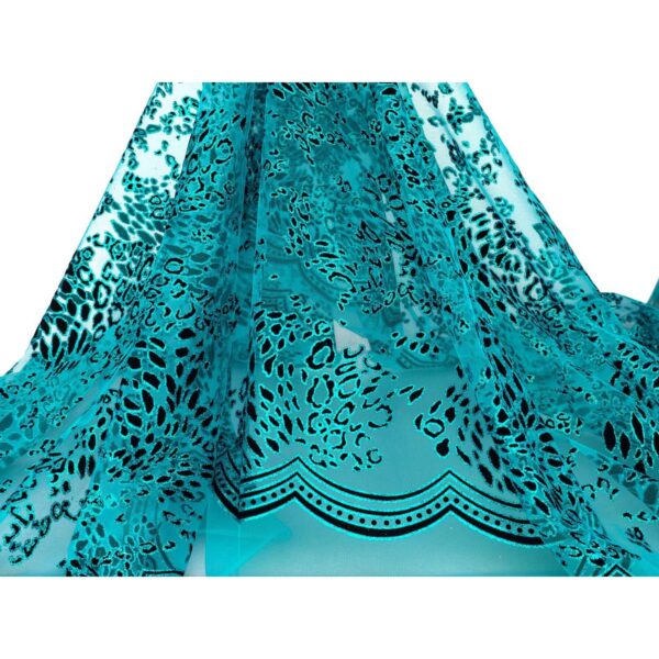 Tulle Floccato Glitter Disegno B - al Metro - Turchese Floccato Nero Glitter Turchese