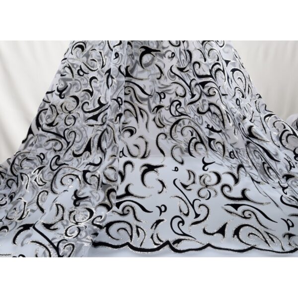 Tulle Floccato Glitter Disegno C - al Metro - Bianco Floccato Nero Glitter Argento