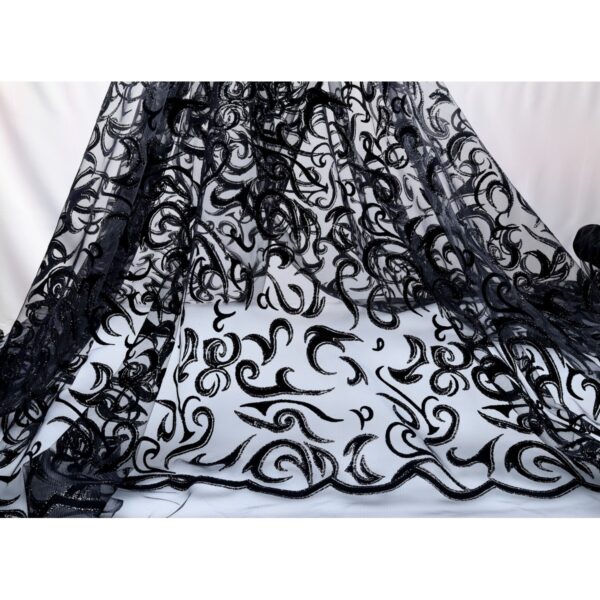 Tulle Floccato Glitter Disegno C - al Metro - Nero Floccato Nero Glitter Nero