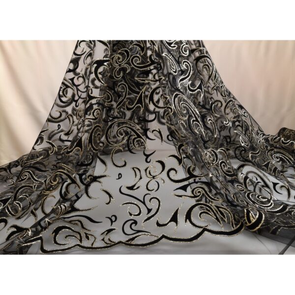 Tulle Floccato Glitter Disegno C - al Metro - Nero Floccato Nero Glitter Oro