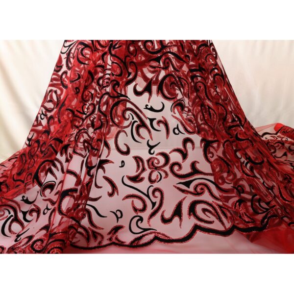 Tulle Floccato Glitter Disegno C - al Metro - Rosso Floccato Nero Glitter Rosso
