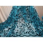 Tulle Floccato Glitter Disegno C - al Metro - Turchese Floccato Nero Glitter Turchese