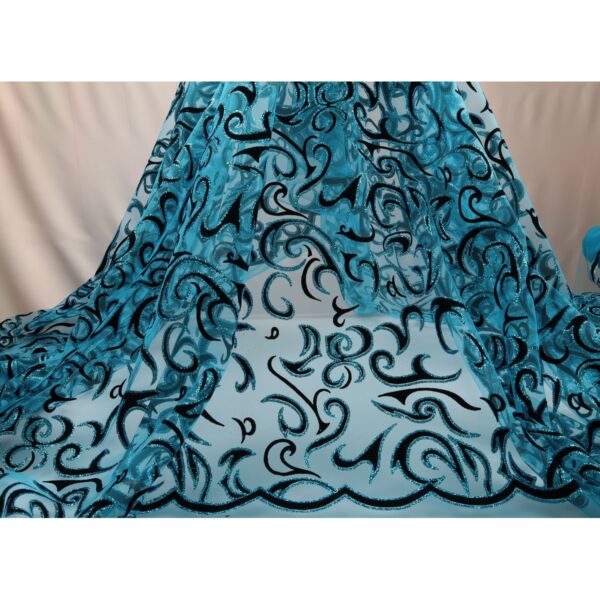 Tulle Floccato Glitter Disegno C - al Metro - Turchese Floccato Nero Glitter Turchese