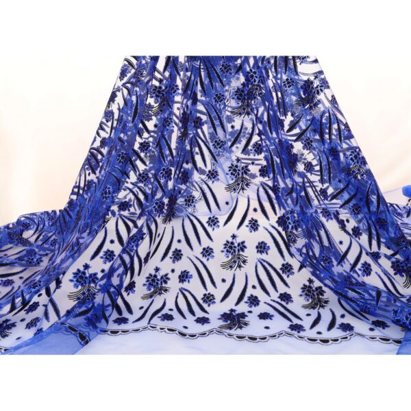 Tulle Floccato Glitter Disegno D - al Metro - Blu Royal Floccato Nero Glitter Blu