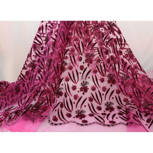 Tulle Floccato Glitter Disegno D - al Metro - Fucsia Floccato Nero Glitter Fucsia